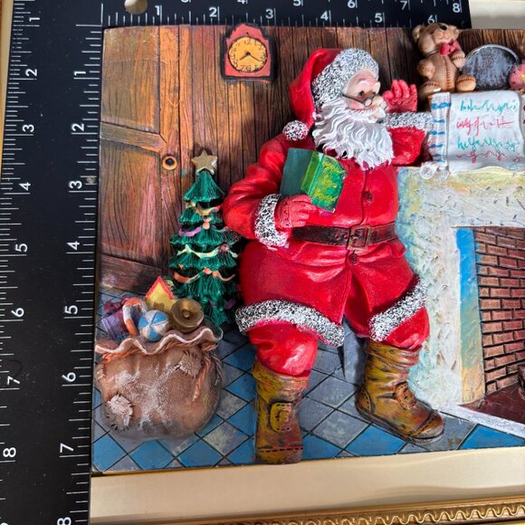Vintage 3D Santa by Chimney Framed Christmas Decor Textured Relief Wall Art - Picture 10 of 13
